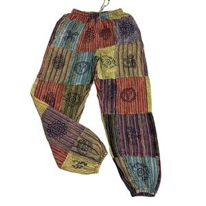 Boho hippie Multicolor Cotton Pants Yoga Patchwork Jogger Jumpsuit Women’s Sz M